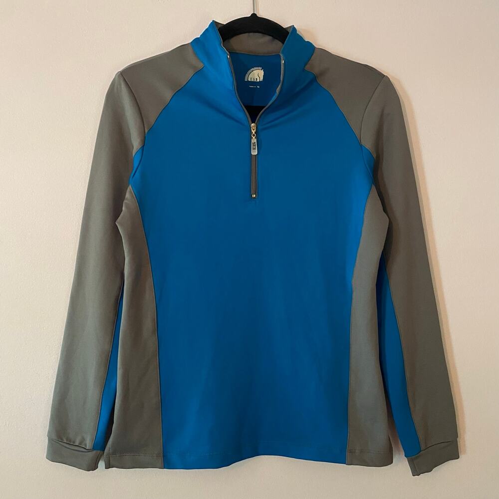 EIS Blue Gray Equestrian Quarter Zip Pullover Top Long Sleeve Layers size Small
